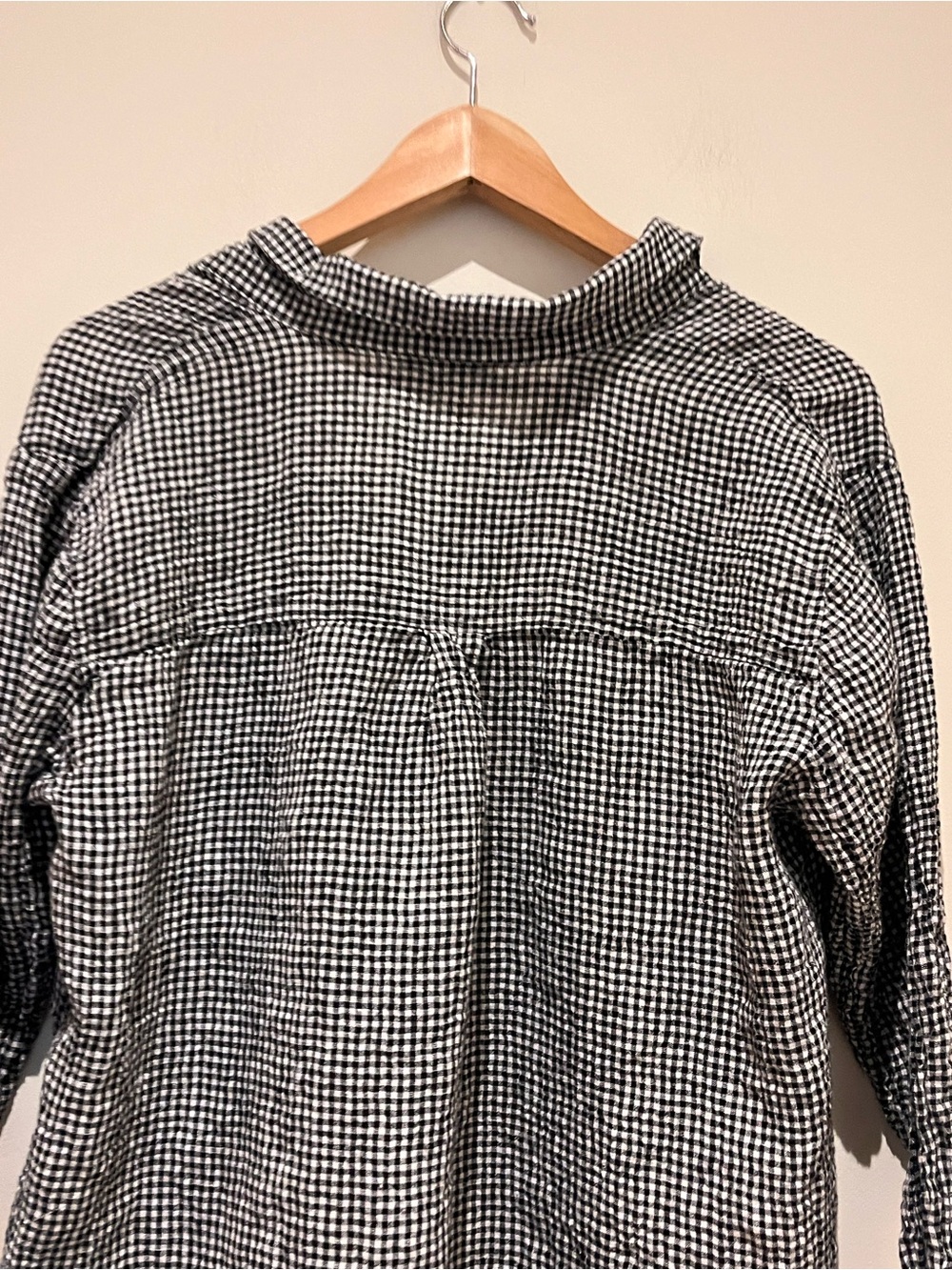 Eileen Fisher Puckered Organic Linen Gingham Black White Classic Collar Shirt L - Picture 8 of 11